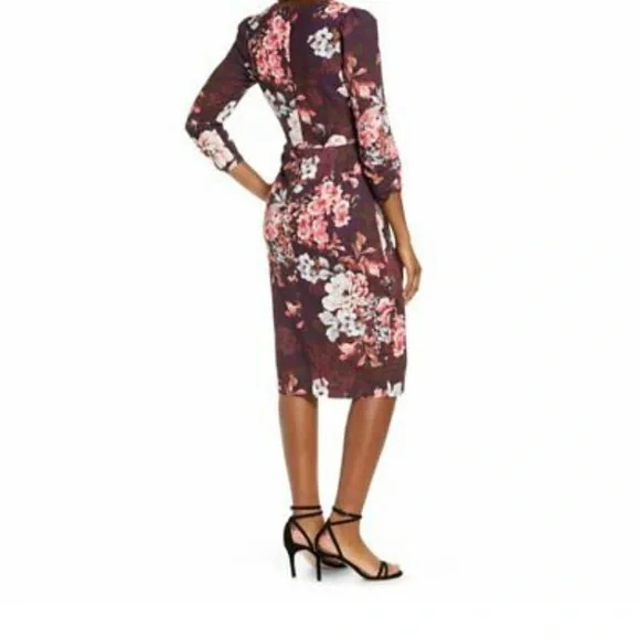 Eliza J Burgundy Purple Pink Floral Dress V Neck Fitted 3/4 Sleeve - Picture 2 of 15